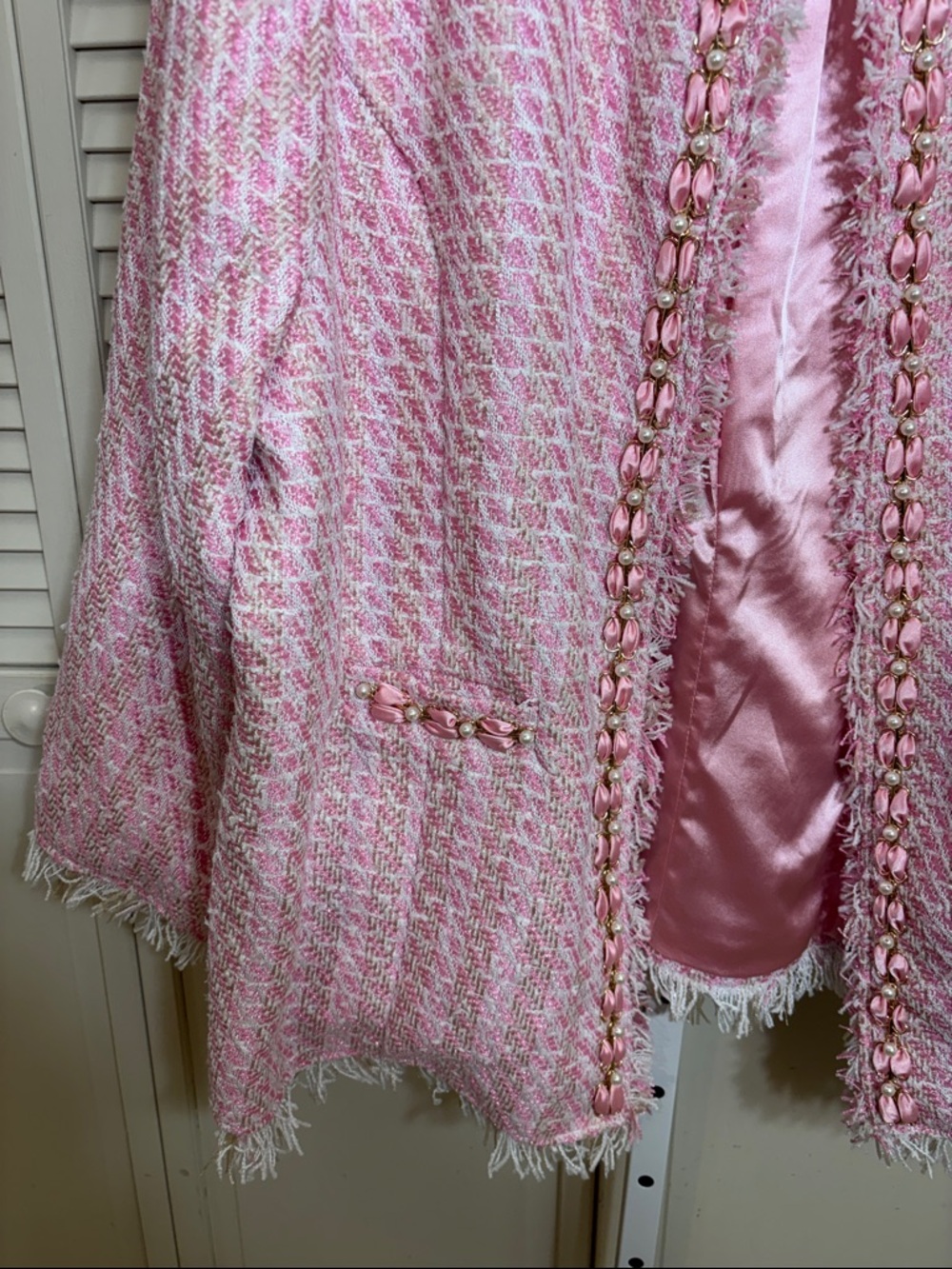 NWT Michael Simon Pink Tweed Ribbon & Pearls Fringe Jacket 3X - Picture 6 of 13